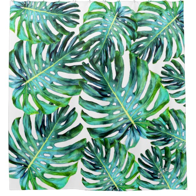 Elegant Tropical Hawaii Monstera Leaf Photograph Shower Curtain (Front)