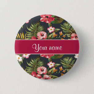 Elegant Tropical Hibiscus Flowers and Leaves 6 Cm Round Badge