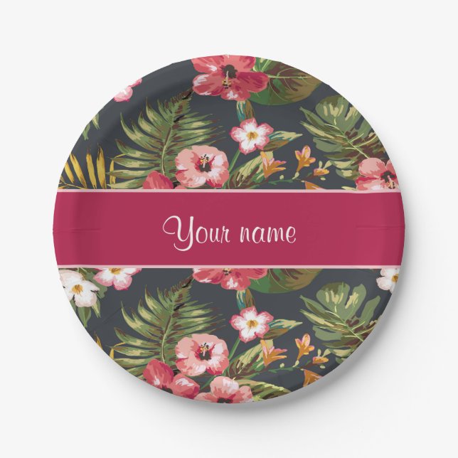 Elegant Tropical Hibiscus Flowers and Leaves Paper Plate (Front)