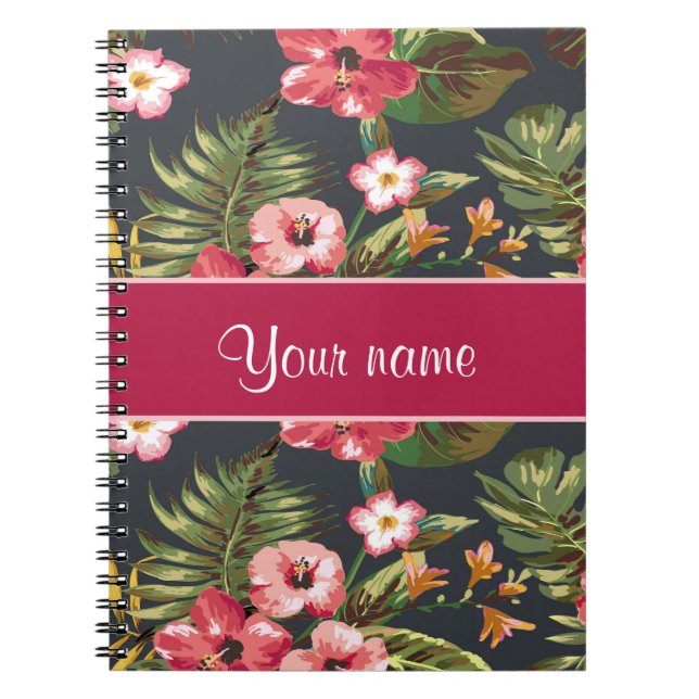 Elegant Tropical Hibiscus Flowers and Leaves Spiral Notebook (Front)