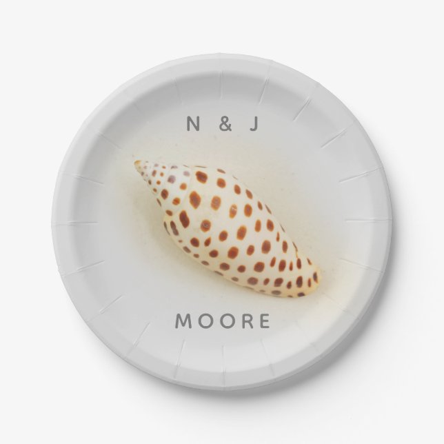 Elegant Tropical Junonia Florida Beach Shell Name Paper Plate (Front)