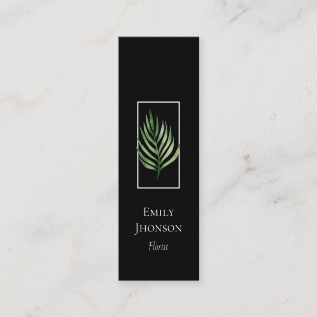 Elegant Tropical Leaf Black Mini Business Card (Front)