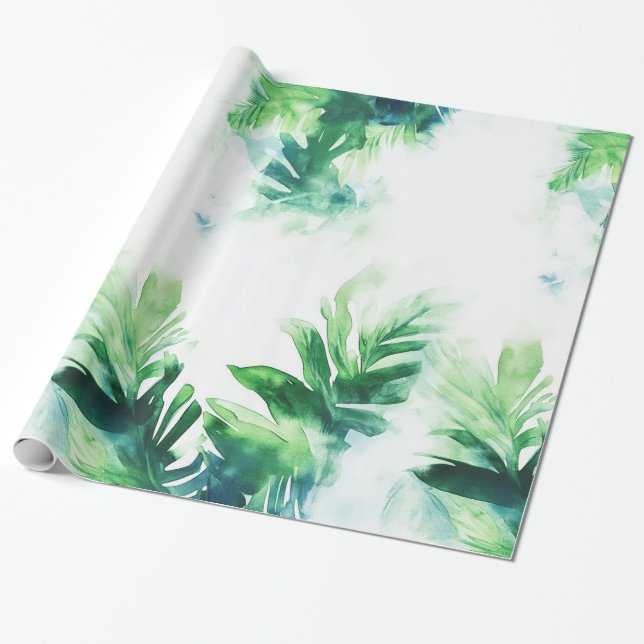 Elegant Tropical Leafy Green Wrapping Paper (Unrolled)