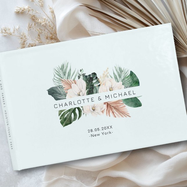 Elegant, tropical, leafy wedding guest book (Personalized, elegant, tropical, leafy wedding guest book with your names and date.)