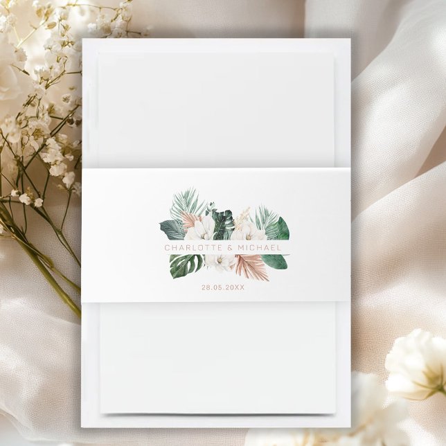 Elegant, tropical, leafy, wedding invitation belly band (Elegant, tropical, leafy, wedding invitation belly band with your name and date.)