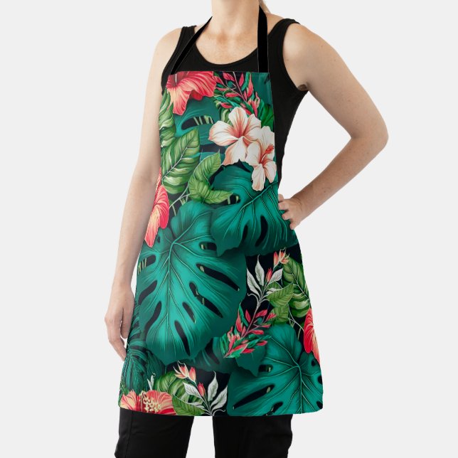 Elegant Tropical Leaves and Hibiscus Flowers | Apron (Insitu)