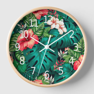 Elegant Tropical Leaves and Hibiscus Flowers   Clock