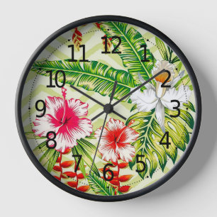 Elegant Tropical Leaves and Hibiscus Flowers   Clock