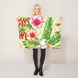 Elegant Tropical Leaves and Hibiscus Flowers Fleece Blanket