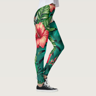 Elegant Tropical Leaves and Hibiscus Flowers Leggings