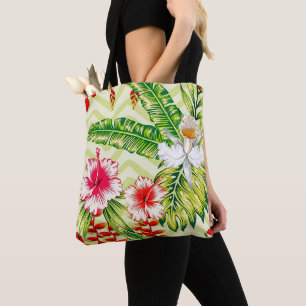 Elegant Tropical Leaves and Hibiscus Flowers   Tote Bag
