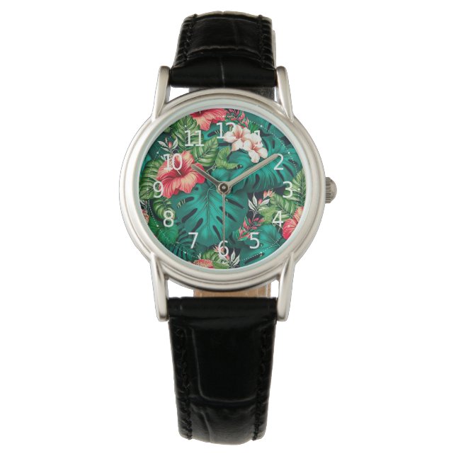 Elegant Tropical Leaves and Hibiscus Flowers | Watch (Front)