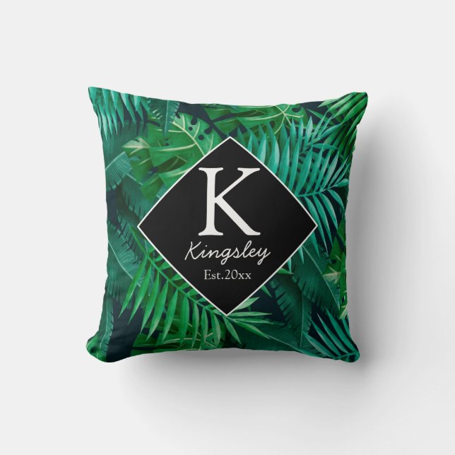 Elegant Tropical Leaves Family Name Beach House Cushion (Front)