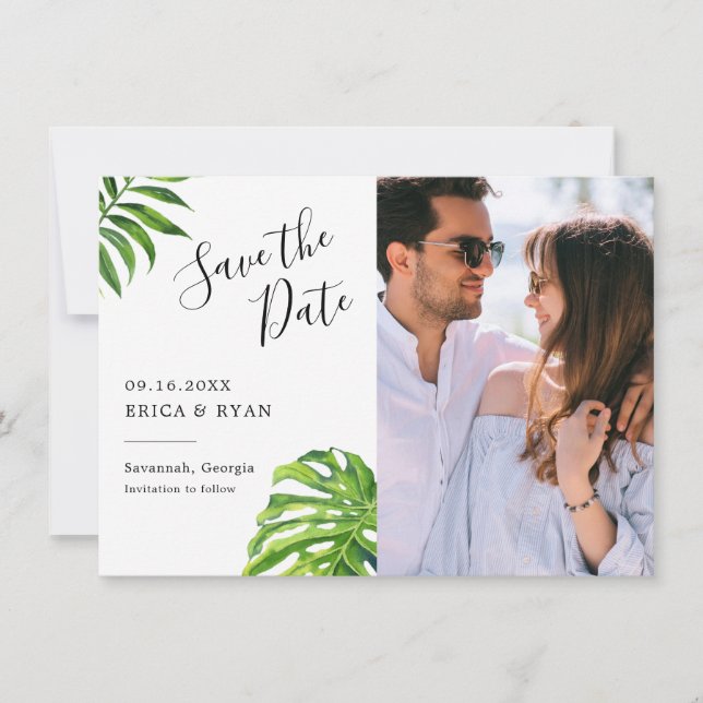 Elegant Tropical Leaves Photo Save the Date (Front)