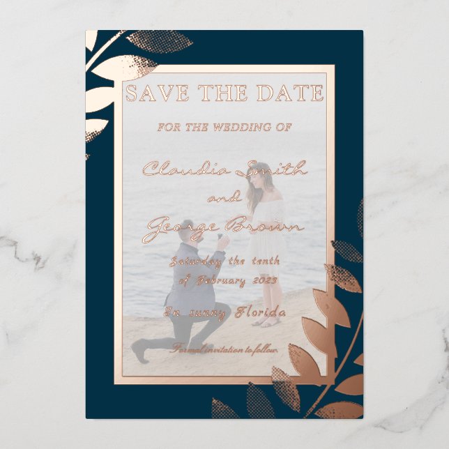 Elegant Tropical Leaves Photo Save The Date Real (Front)