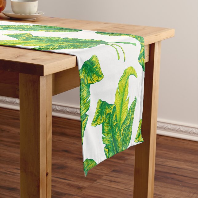 Elegant Tropical Leaves Tropicana Gold Short Table Runner (In Situ)