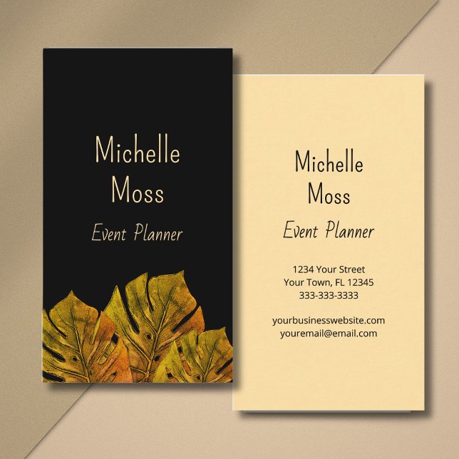 Elegant Tropical Monstara Palm Leaves Black Gold Business Card (Creator Uploaded)