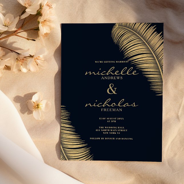 Elegant tropical navy blue gold foliage wedding invitation (Elegant tropical navy blue gold foliage wedding)