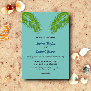 Elegant Tropical Palm Blue Coastal  Beach Wedding Invitation