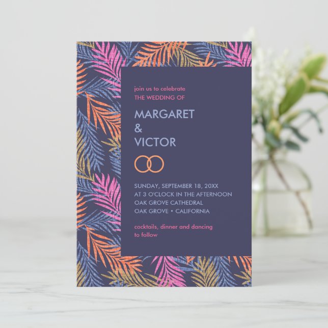 Elegant tropical palm leaf pattern  invitation (Standing Front)