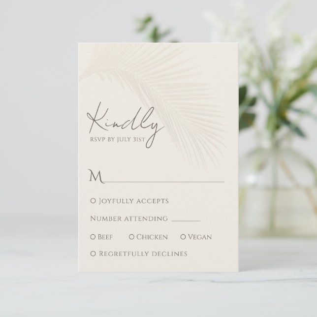 Elegant Tropical Palm Leaf RSVP Response Card (Standing Front)