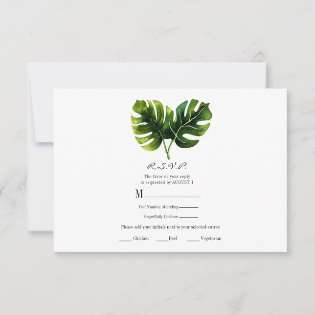 Elegant Tropical Palm Leaves Wedding RSVP Reply (Front)