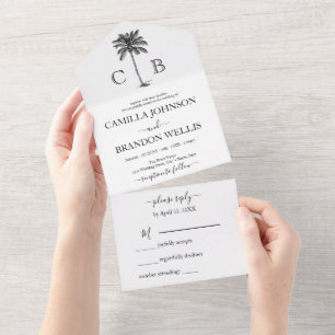 Elegant Tropical Palm Monograms Wedding All In One Invitation
