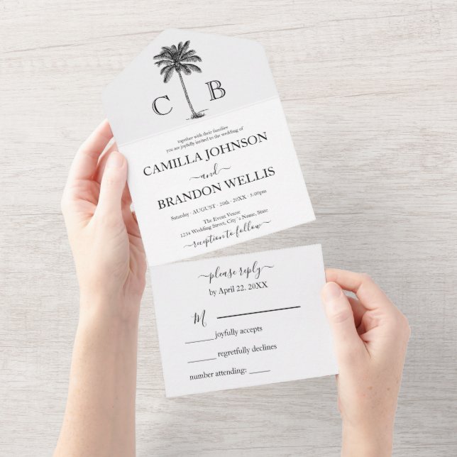 Elegant Tropical Palm Monograms Wedding All In One Invitation (Tearaway)