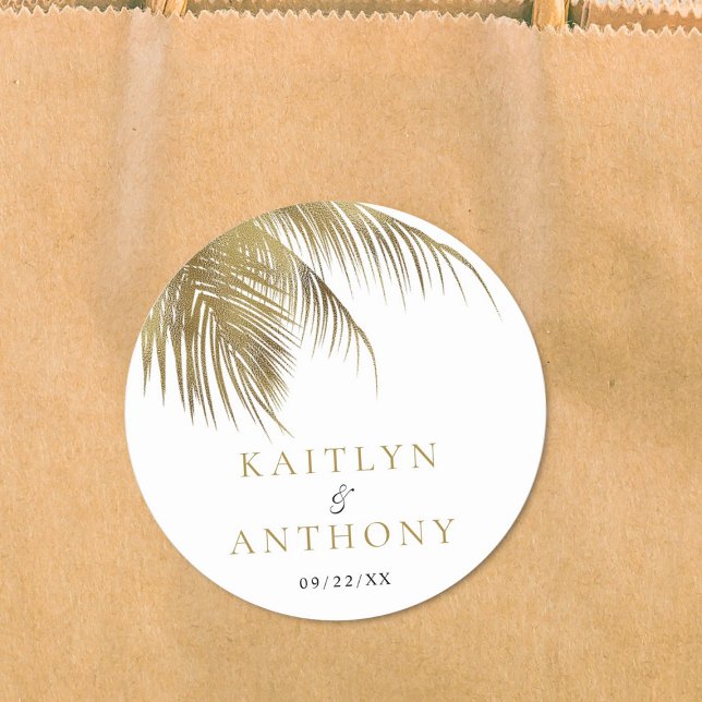 Elegant Tropical Palm Tree Beach Wedding Classic Round Sticker (Creator Uploaded)