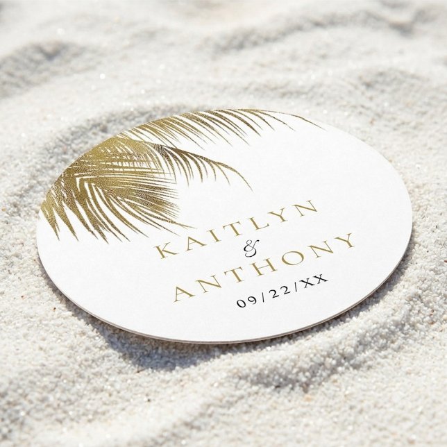Elegant Tropical Palm Tree Beach Wedding Round Paper Coaster (Creator Uploaded)