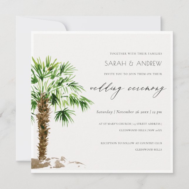 Elegant Tropical Palm Watercolor Wedding Invite (Front)