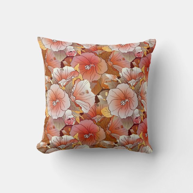 Elegant Tropical Peach And White Hibiscus Flower Cushion (Front)