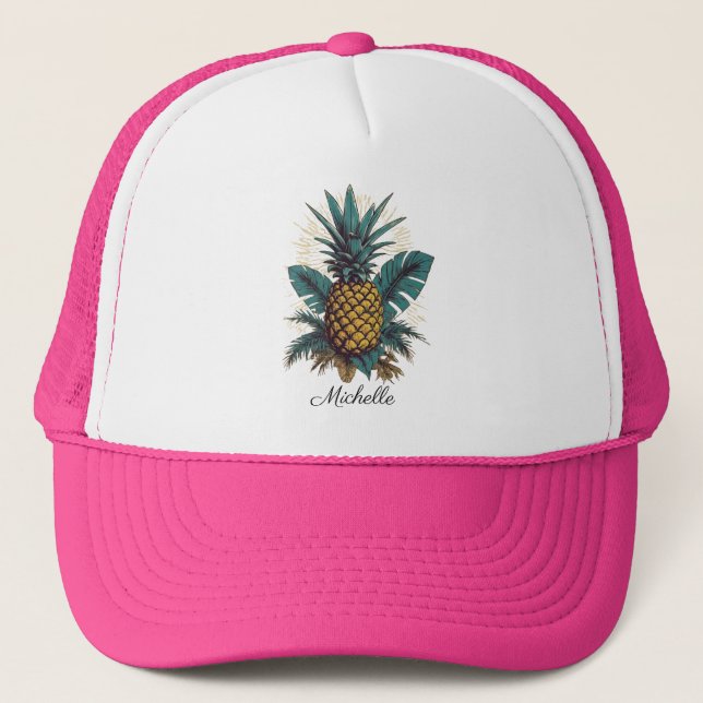 Elegant  Tropical  Pineapple Custom Name Pink Trucker Hat (Front)