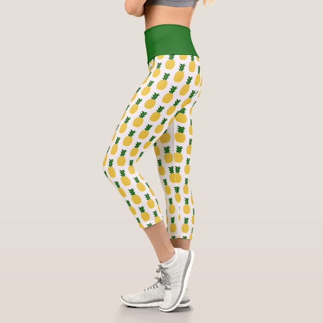 Elegant Tropical Pineapple Yellow and Green Capri Leggings (Left)