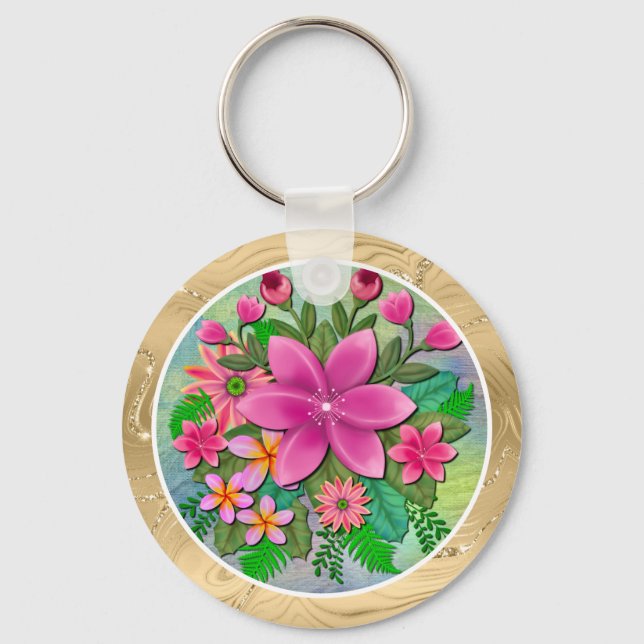 Elegant Tropical Pink Floral I Flowers Bouquet Key Ring (Front)
