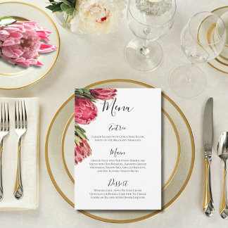 Elegant Tropical Pink & Green Proteas Wedding Menu