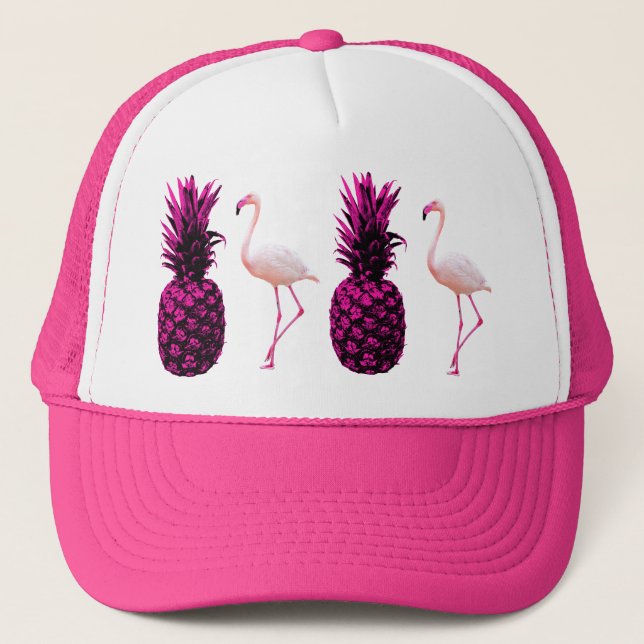 Elegant Tropical Pink Pineapple and Flamingo       Trucker Hat (Front)