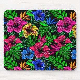 Elegant Tropical Pink Red Blue Hibiscus Flower Mouse Pad