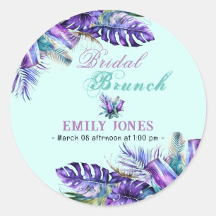 Elegant tropical purple flower brunch with bride classic round sticker