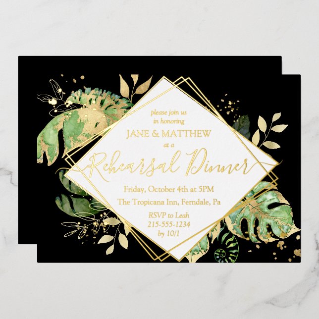 Elegant Tropical Rehearsal Dinner Black & Gold (Front/Back)