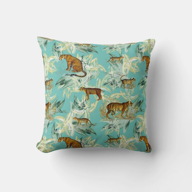 Elegant Tropical Safari Wild Cats Tiger Teal Blue Cushion (Front)