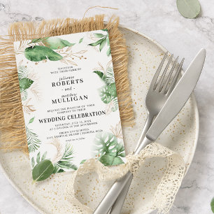 Elegant Tropical Summer Greenery & Gold Wedding In Invitation