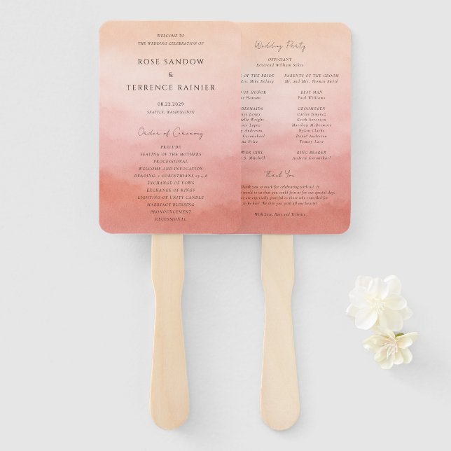 Elegant Tropical Sunset Watercolor Wedding Program Hand Fan (Front and Back)