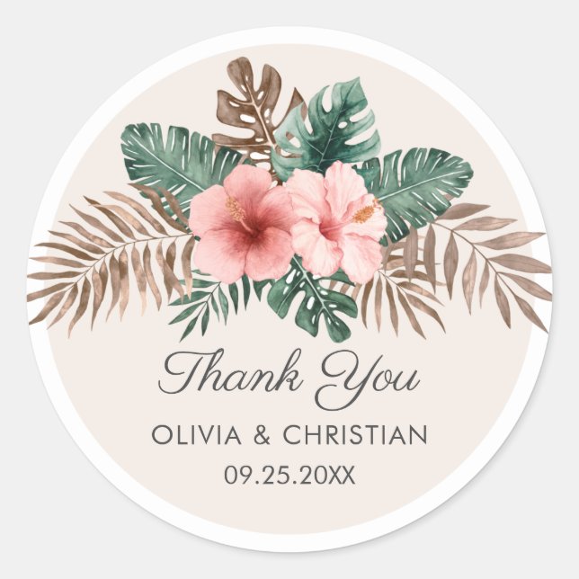 Elegant Tropical Watercolor Floral Wedding Classic Round Sticker (Front)