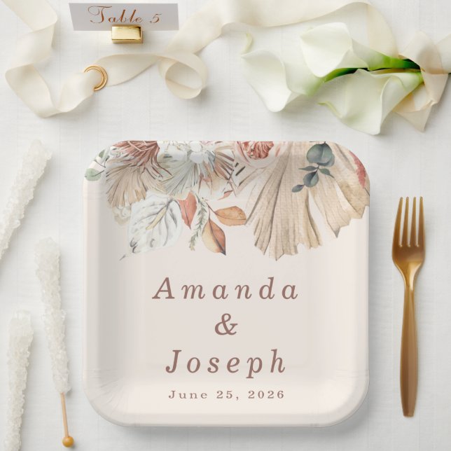 Elegant Tropical Watercolor Spring Floral Wedding Paper Plate (Wedding)