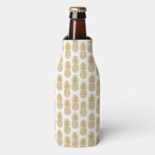 Elegant Tropical White Gold Pineapple Pattern Bottle Cooler