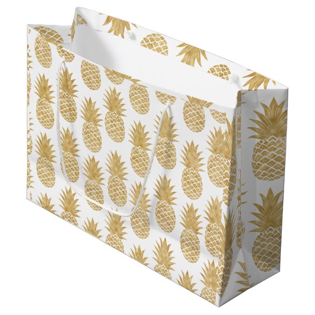 Elegant Tropical White Gold Pineapple Pattern Large Gift Bag (Front Angled)