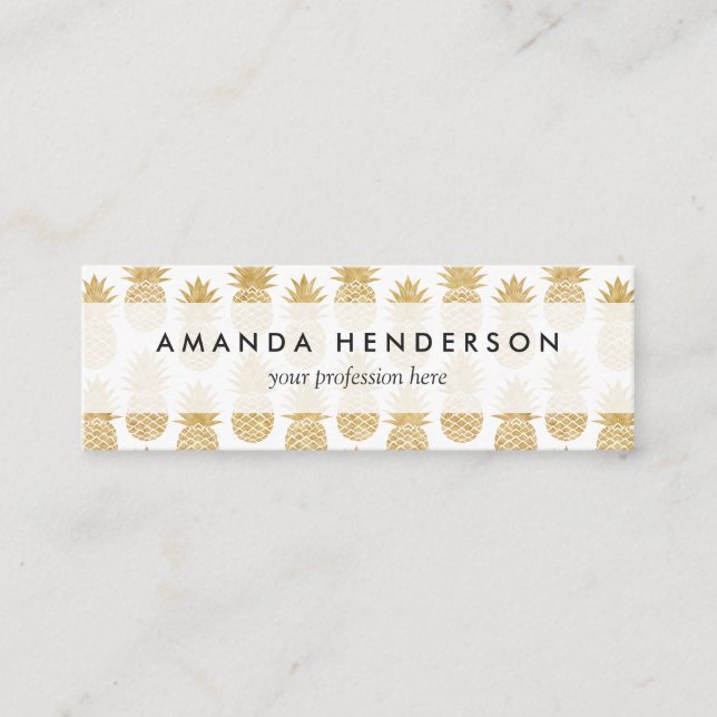 Elegant Tropical White Gold Pineapple Pattern Mini Business Card (Front)