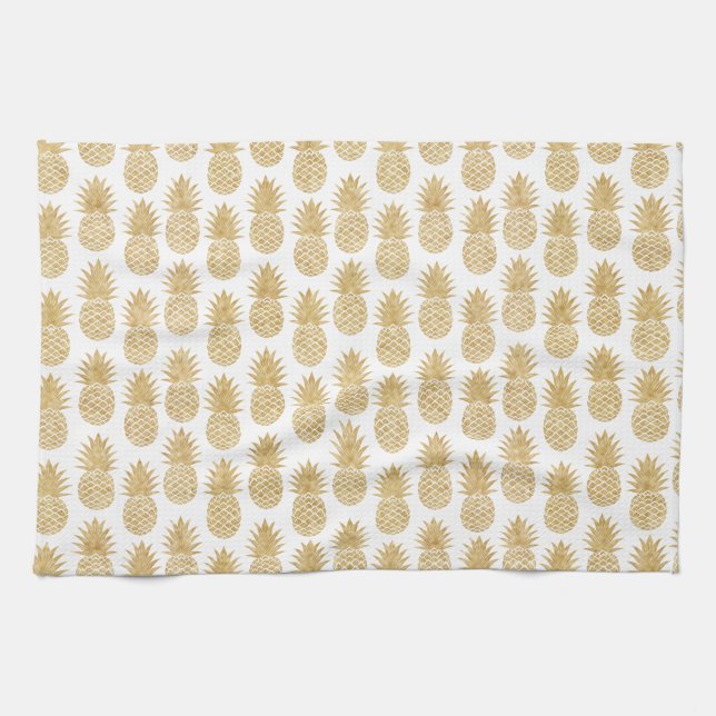 Elegant Tropical White Gold Pineapple Pattern Tea Towel (Horizontal)