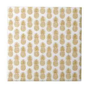 Elegant Tropical White Gold Pineapple Pattern Tile